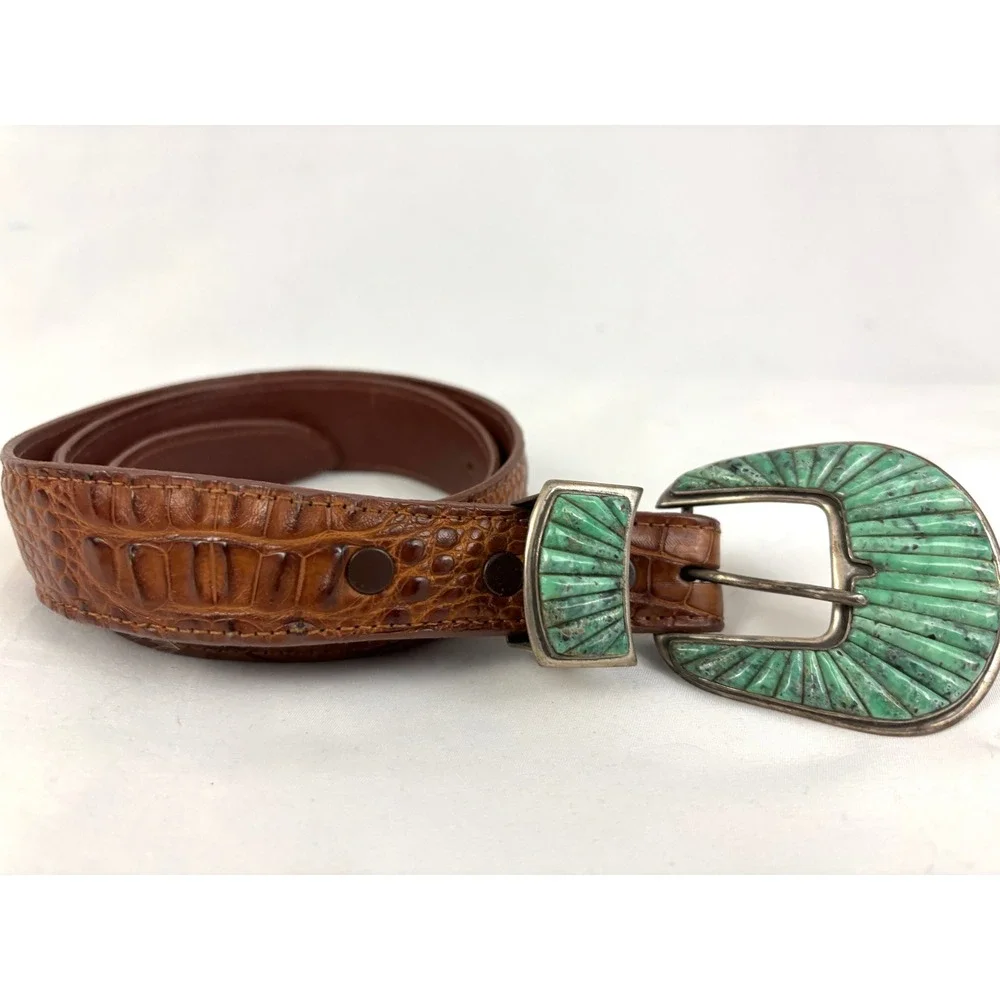 Vintage Alligator Belt Sterling Turquoise Inlay‎ Signed Buckle Set 28 Rare